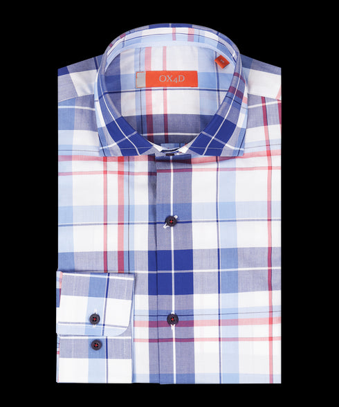 Blauw/wit/roze geruit overhemd