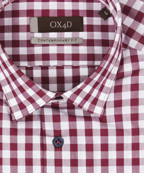 Bordeaux poplin geruit overhemd met donkere knoop