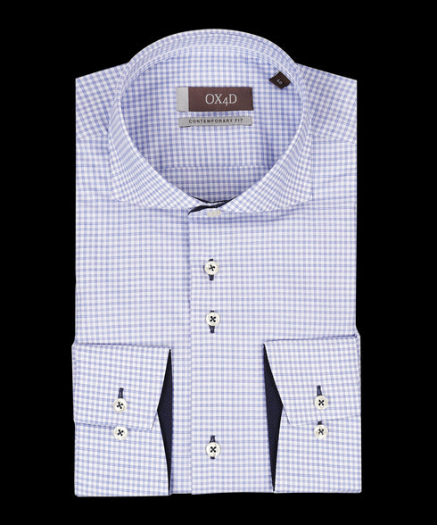 Fijn blauw/wit poplin overhemd met kleine ruit