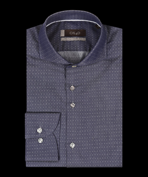 Denimblauw overhemd met ingeweven dessin