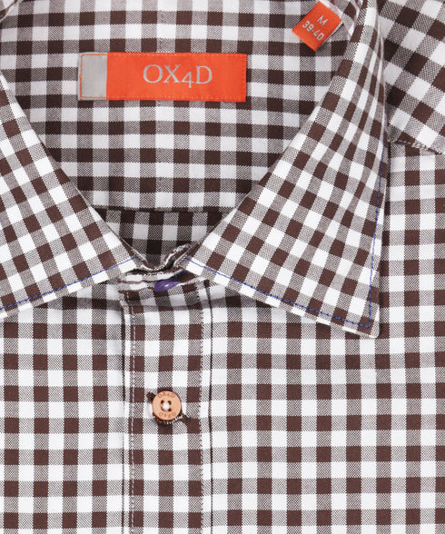 Oxford overhemd met bruin-witte ruit en dubbele borstzak
