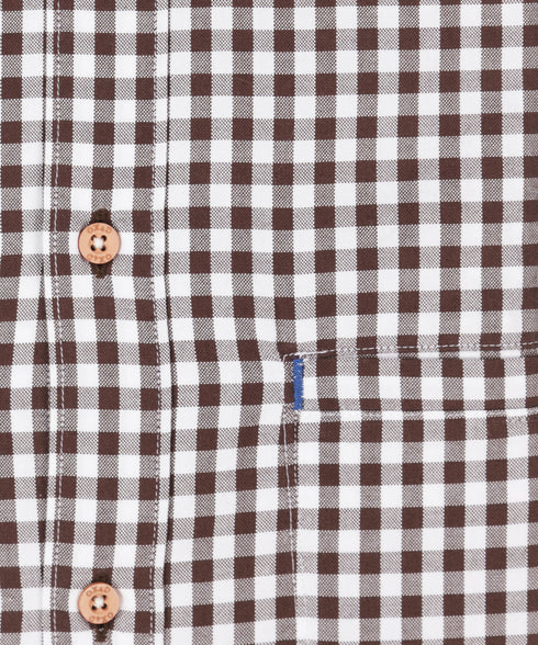 Oxford overhemd met bruin-witte ruit en dubbele borstzak