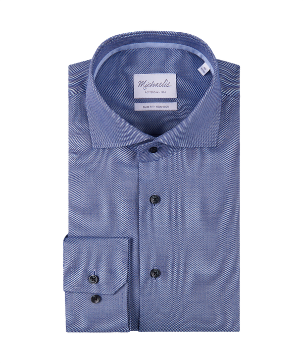 Donkerblauw gestippeld overhemd met donkere knopen