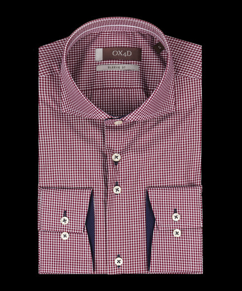 Bordeaux rood overhemd met kleine ruit (Extra lange mouwen)