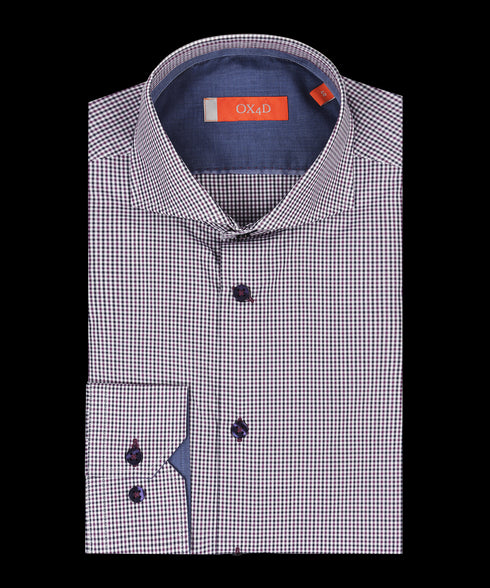 Fijn rood/blauw poplin overhemd met kleine ruit